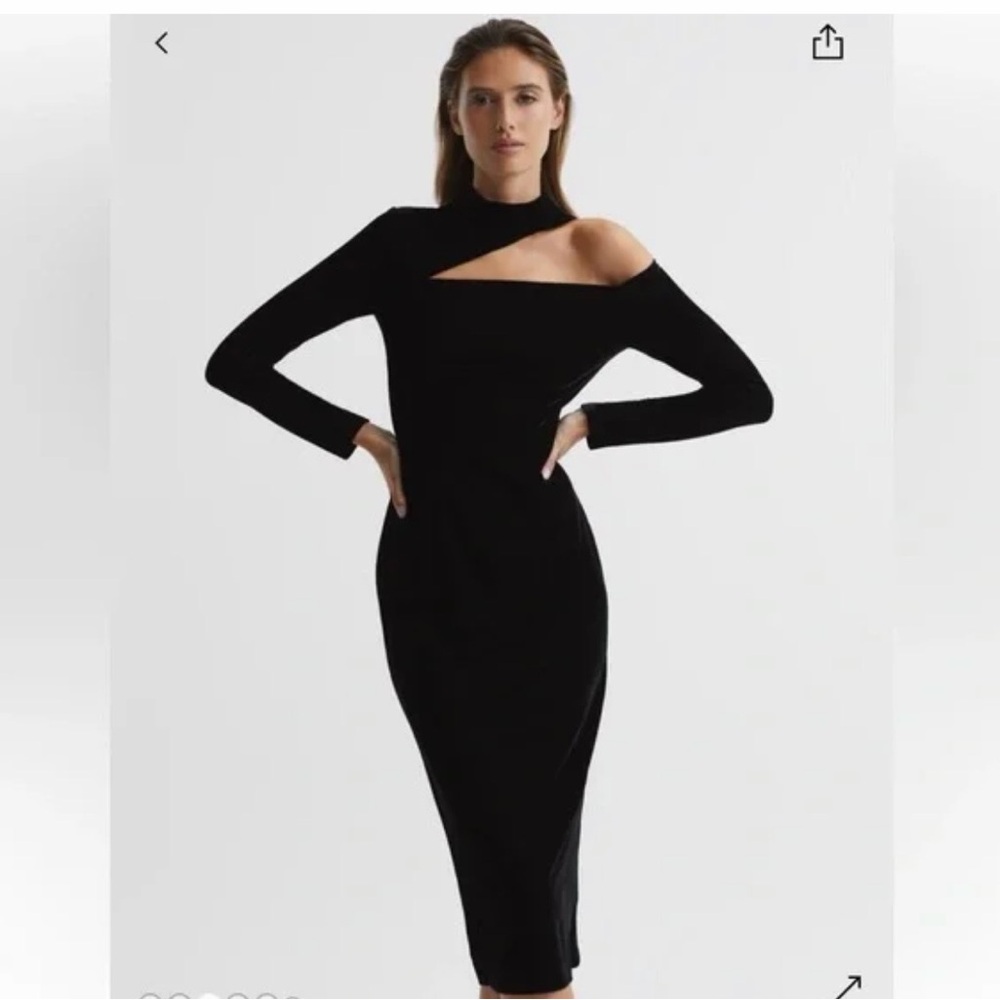 Reiss Tatiana Black Velvet Cut-Out Shoulder Midi Dress